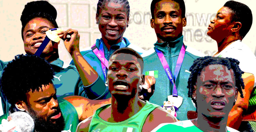 Group of Nigerian athletes on a podium, wearing green jerseys and purple medal ribbons with medals around their necks.