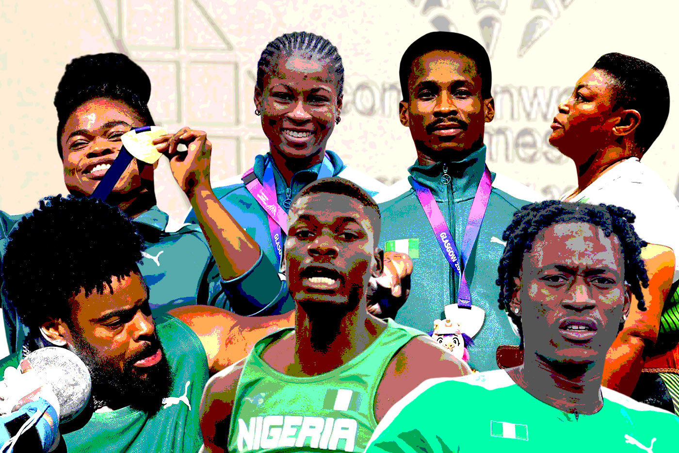 Group of Nigerian athletes on a podium, wearing green jerseys and purple medal ribbons with medals around their necks.
